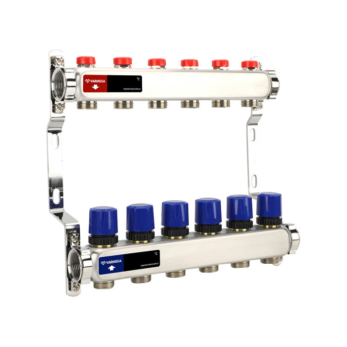 Группа коллекторная для отопления VARMEGA VM15506 ВР 1", на 6 контуров 3/4" EK, нерж. сталь серии VM155XX