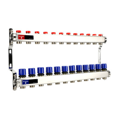 Группа коллекторная для отопления VARMEGA VM15512 ВР 1", на 12 контуров 3/4" EK, нерж. сталь серии VM155XX